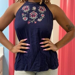 Navy Blue Floral Embroidered Tunic Blouse 💐🧵